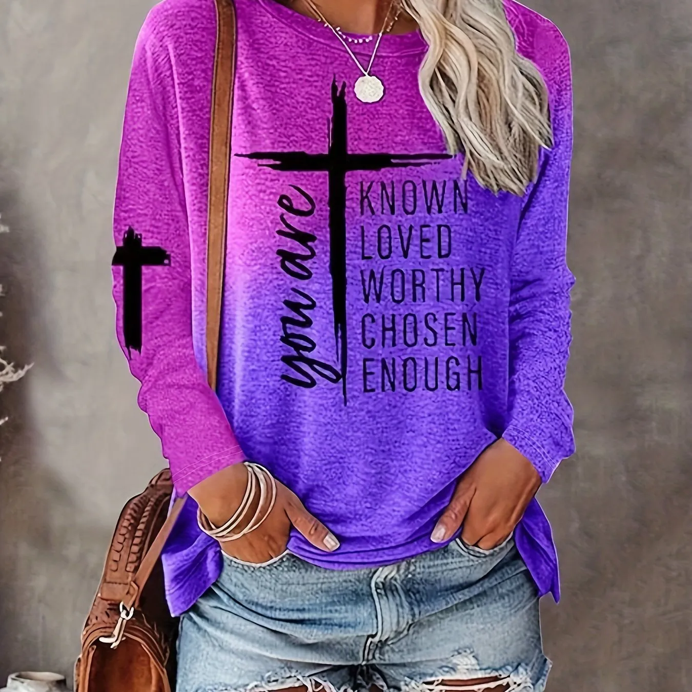 Long Sleeve Casual Crew Neck T-shirt with Cross & Letter Print - Soft Polyester Fabric, Micro Elasticity, Regular Fit, Pullover Style - Perfect for All Seasons