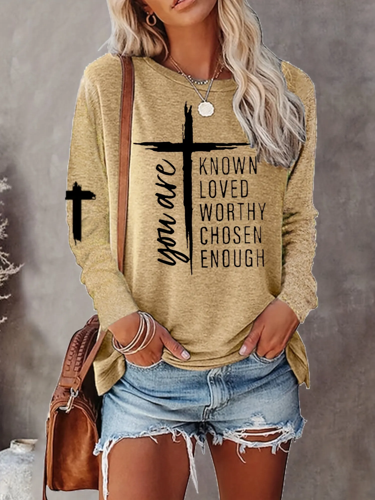Long Sleeve Casual Crew Neck T-shirt with Cross & Letter Print - Soft Polyester Fabric, Micro Elasticity, Regular Fit, Pullover Style - Perfect for All Seasons