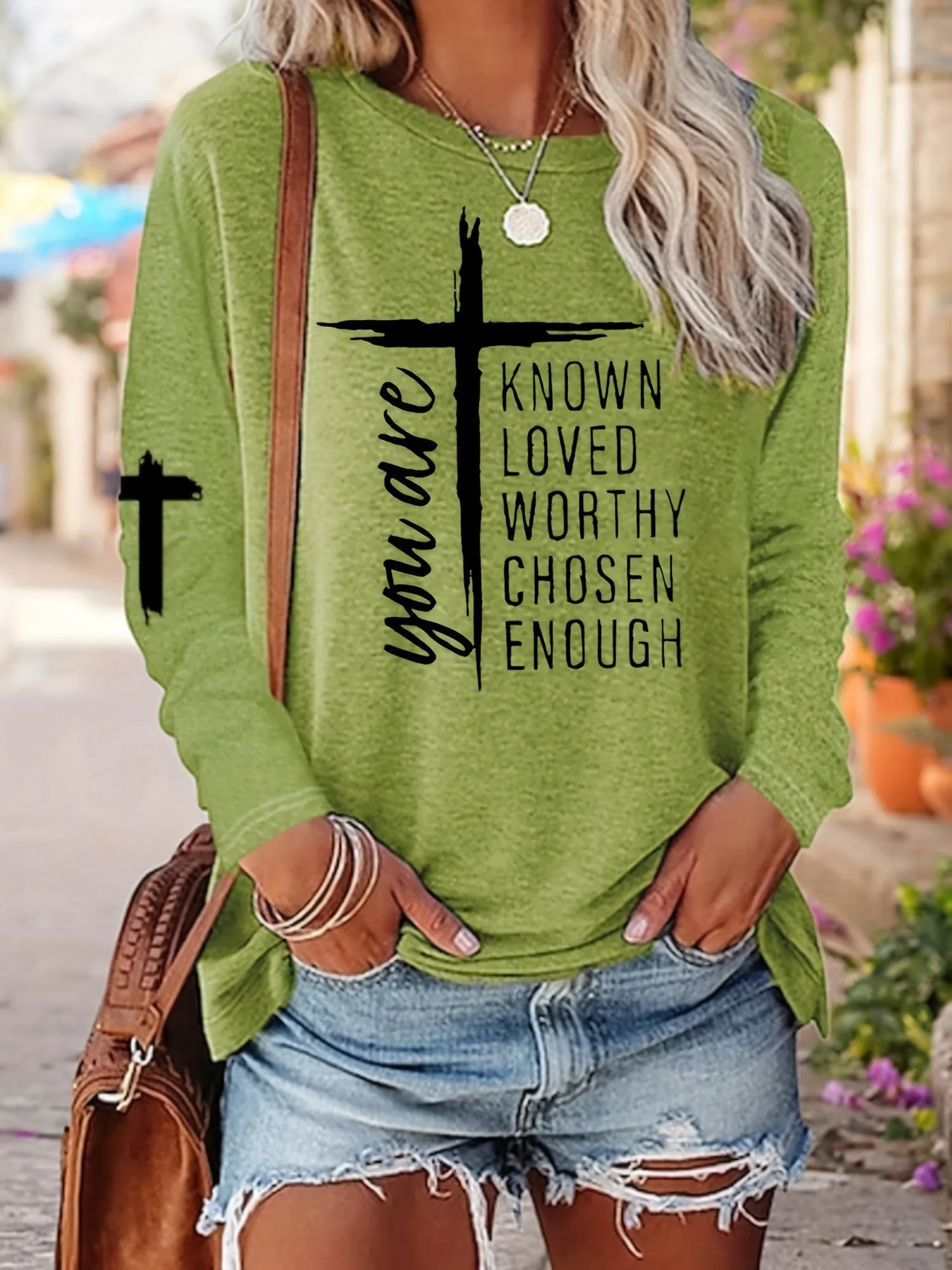 Long Sleeve Casual Crew Neck T-shirt with Cross & Letter Print - Soft Polyester Fabric, Micro Elasticity, Regular Fit, Pullover Style - Perfect for All Seasons