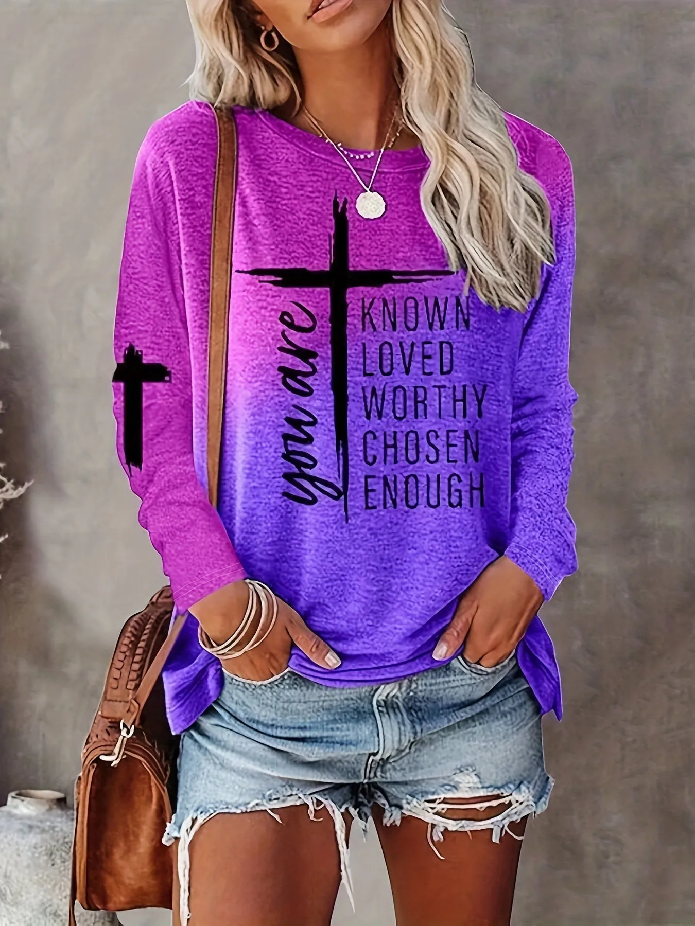 Long Sleeve Casual Crew Neck T-shirt with Cross & Letter Print - Soft Polyester Fabric, Micro Elasticity, Regular Fit, Pullover Style - Perfect for All Seasons