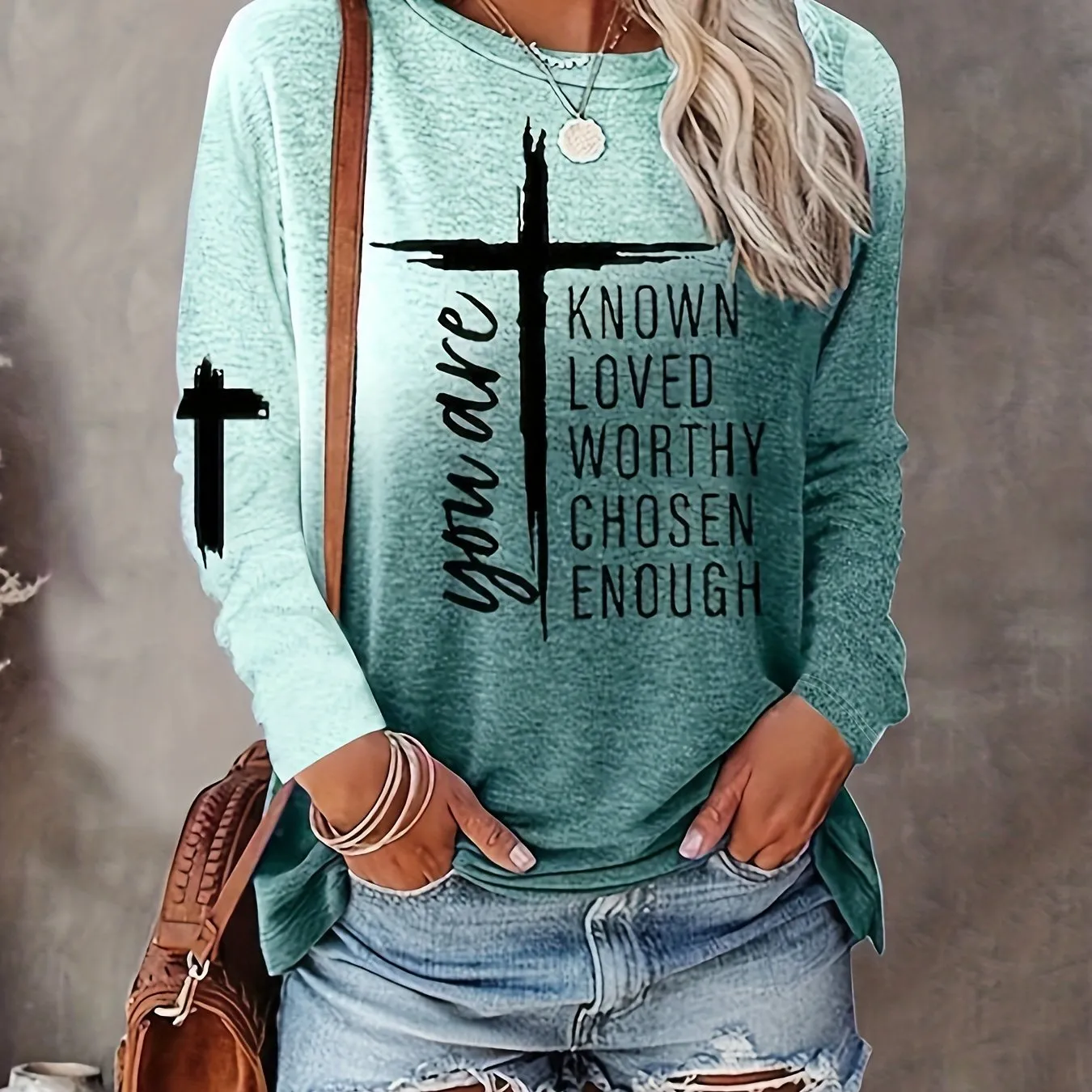 Long Sleeve Casual Crew Neck T-shirt with Cross & Letter Print - Soft Polyester Fabric, Micro Elasticity, Regular Fit, Pullover Style - Perfect for All Seasons