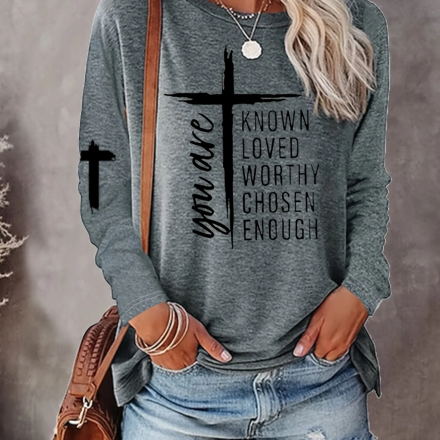 Long Sleeve Casual Crew Neck T-shirt with Cross & Letter Print - Soft Polyester Fabric, Micro Elasticity, Regular Fit, Pullover Style - Perfect for All Seasons