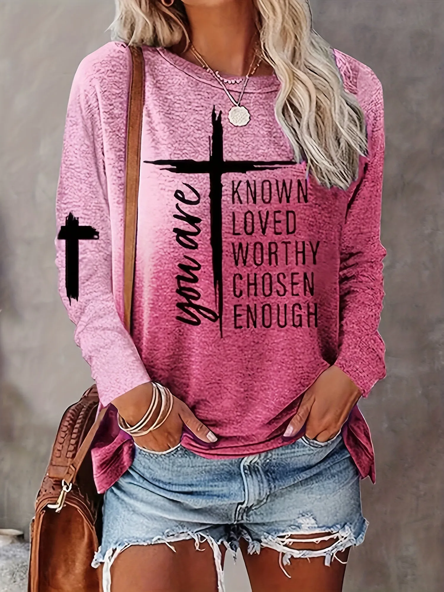 Long Sleeve Casual Crew Neck T-shirt with Cross & Letter Print - Soft Polyester Fabric, Micro Elasticity, Regular Fit, Pullover Style - Perfect for All Seasons