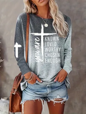 Long Sleeve Casual Crew Neck T-shirt with Cross & Letter Print - Soft Polyester Fabric, Micro Elasticity, Regular Fit, Pullover Style - Perfect for All Seasons