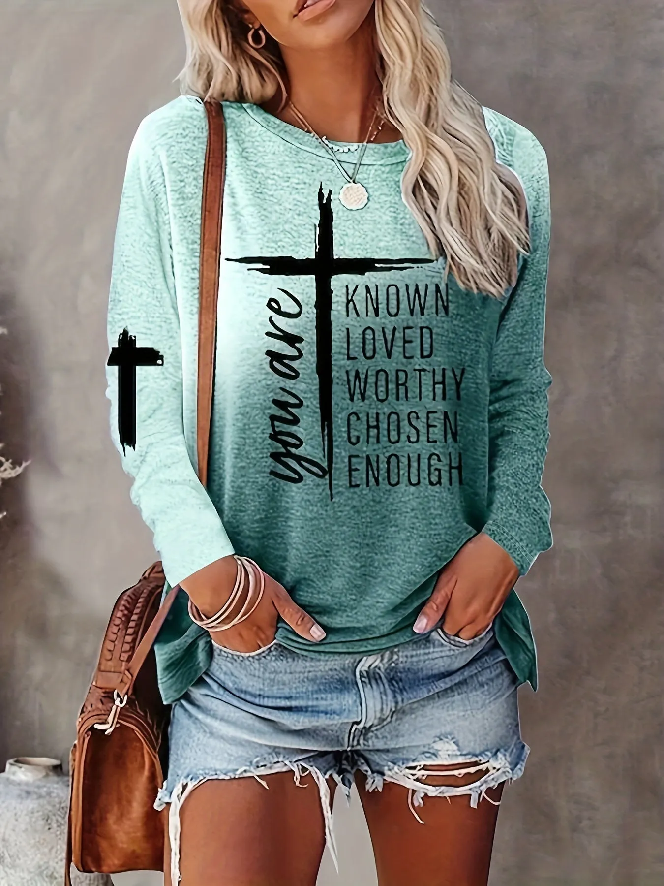 Long Sleeve Casual Crew Neck T-shirt with Cross & Letter Print - Soft Polyester Fabric, Micro Elasticity, Regular Fit, Pullover Style - Perfect for All Seasons