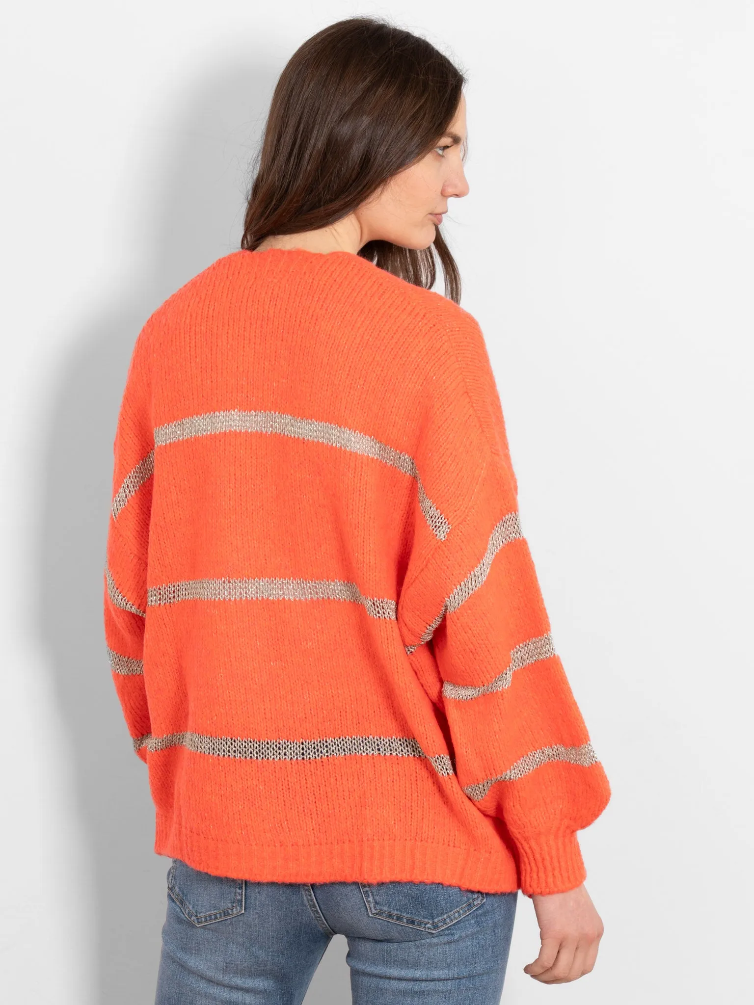 Lucy Wool Blend Cardigan - Coral, Gold/Striped
