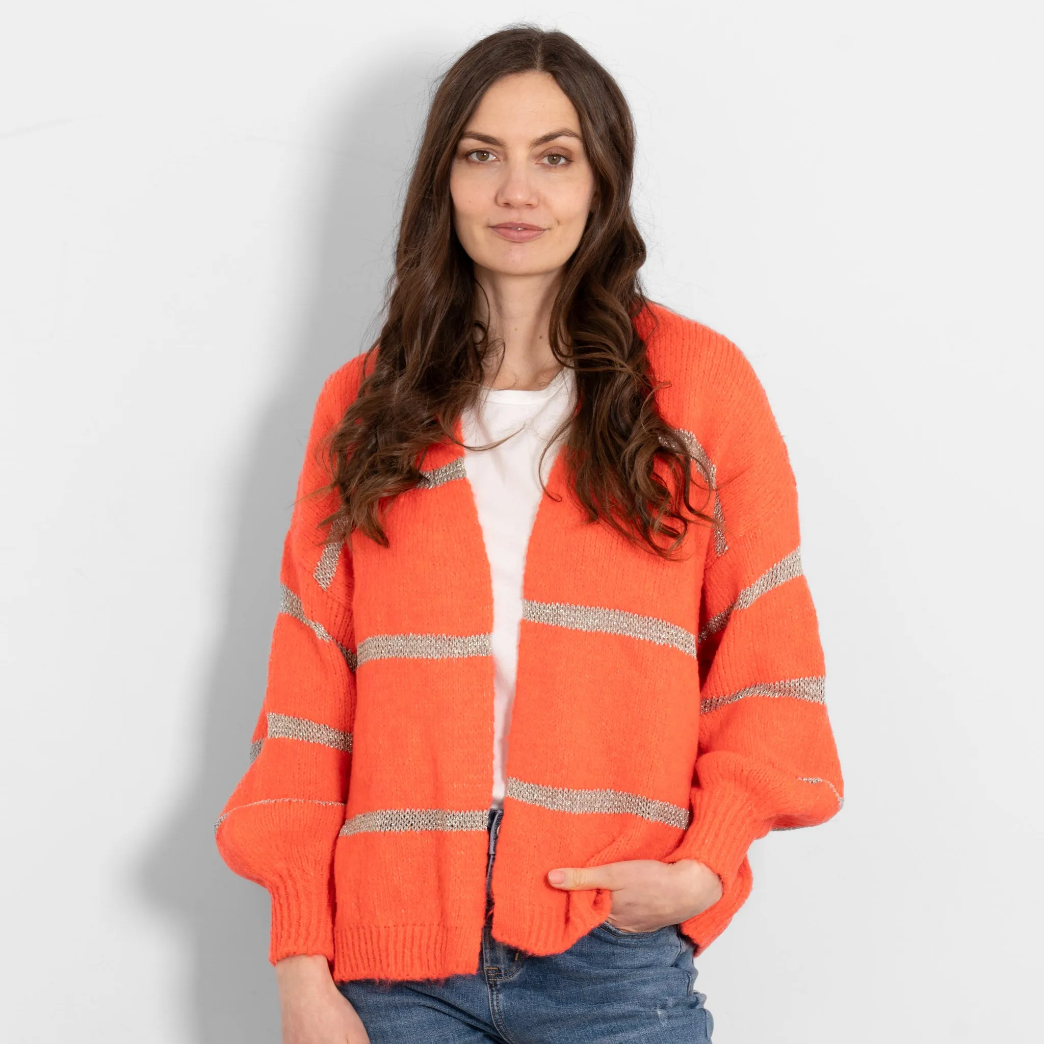 Lucy Wool Blend Cardigan - Coral, Gold/Striped