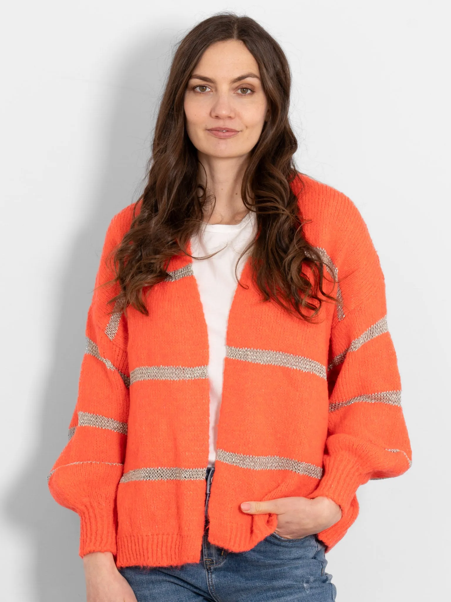 Lucy Wool Blend Cardigan - Coral, Gold/Striped