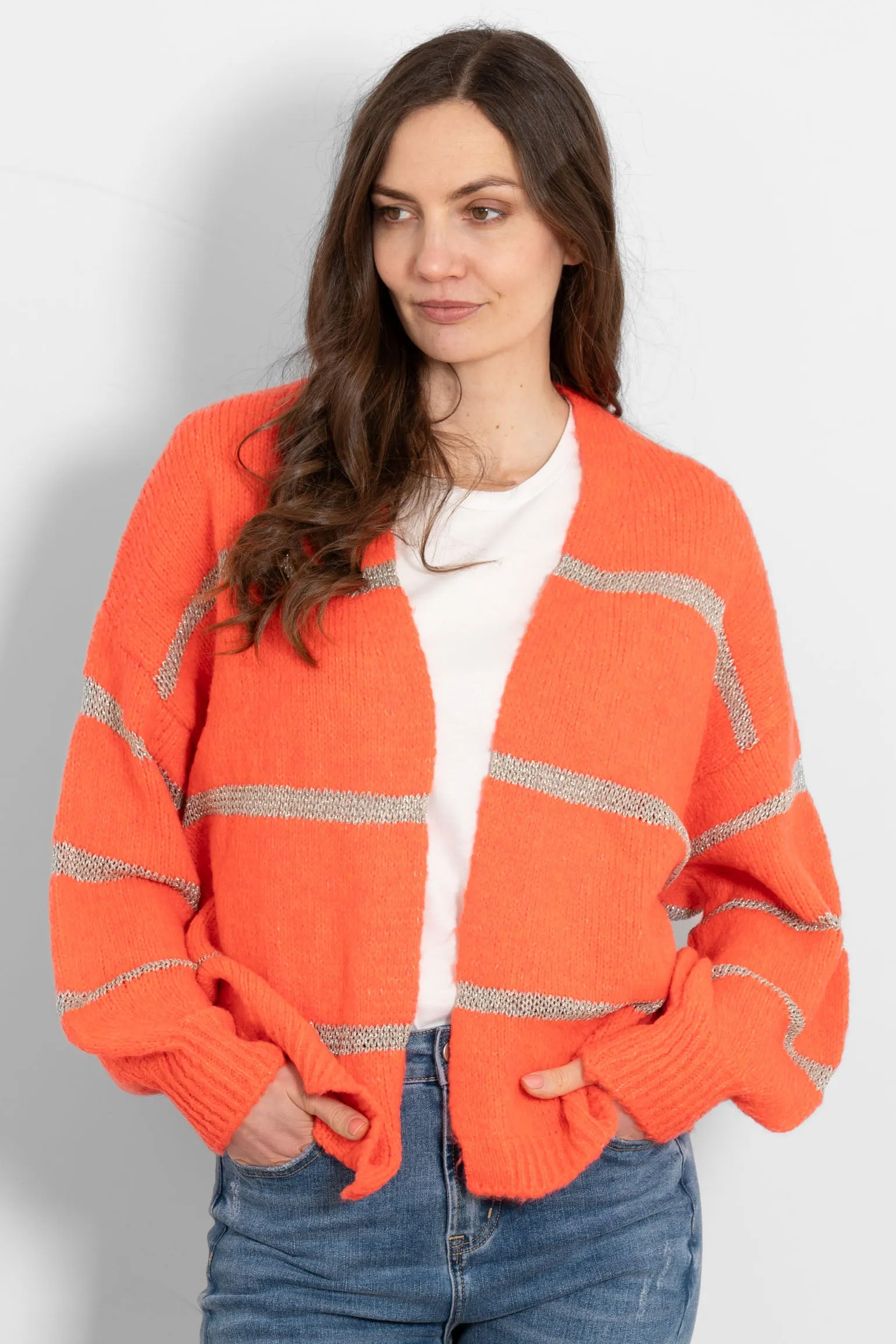 Lucy Wool Blend Cardigan - Coral, Gold/Striped