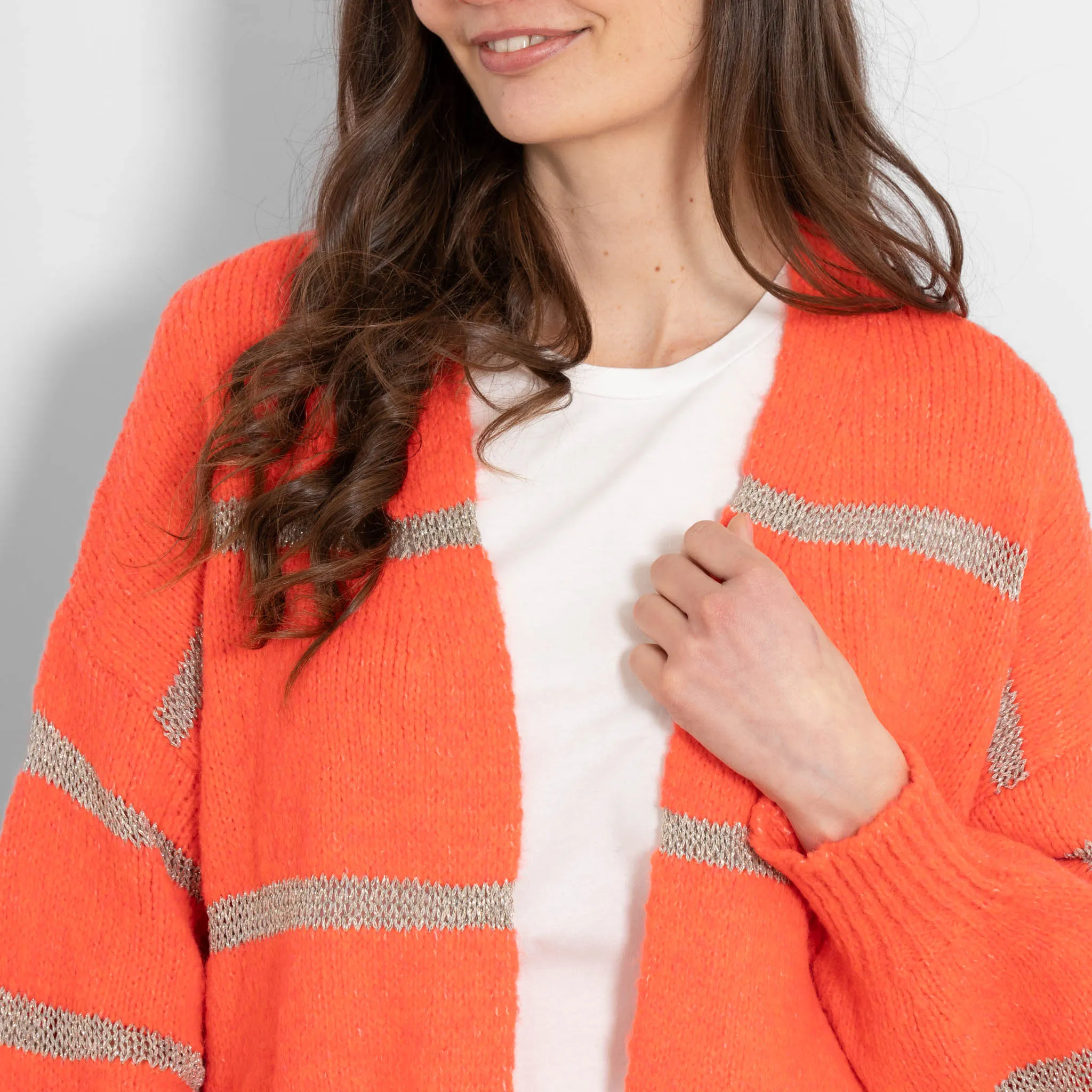 Lucy Wool Blend Cardigan - Coral, Gold/Striped