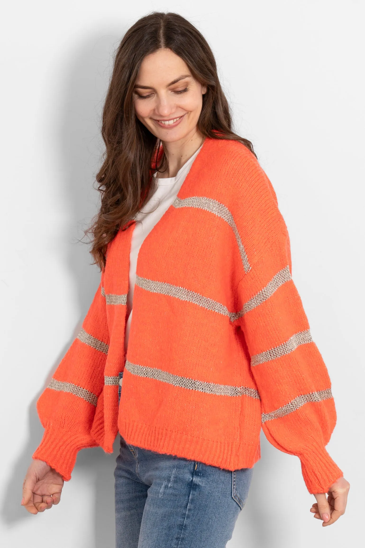Lucy Wool Blend Cardigan - Coral, Gold/Striped
