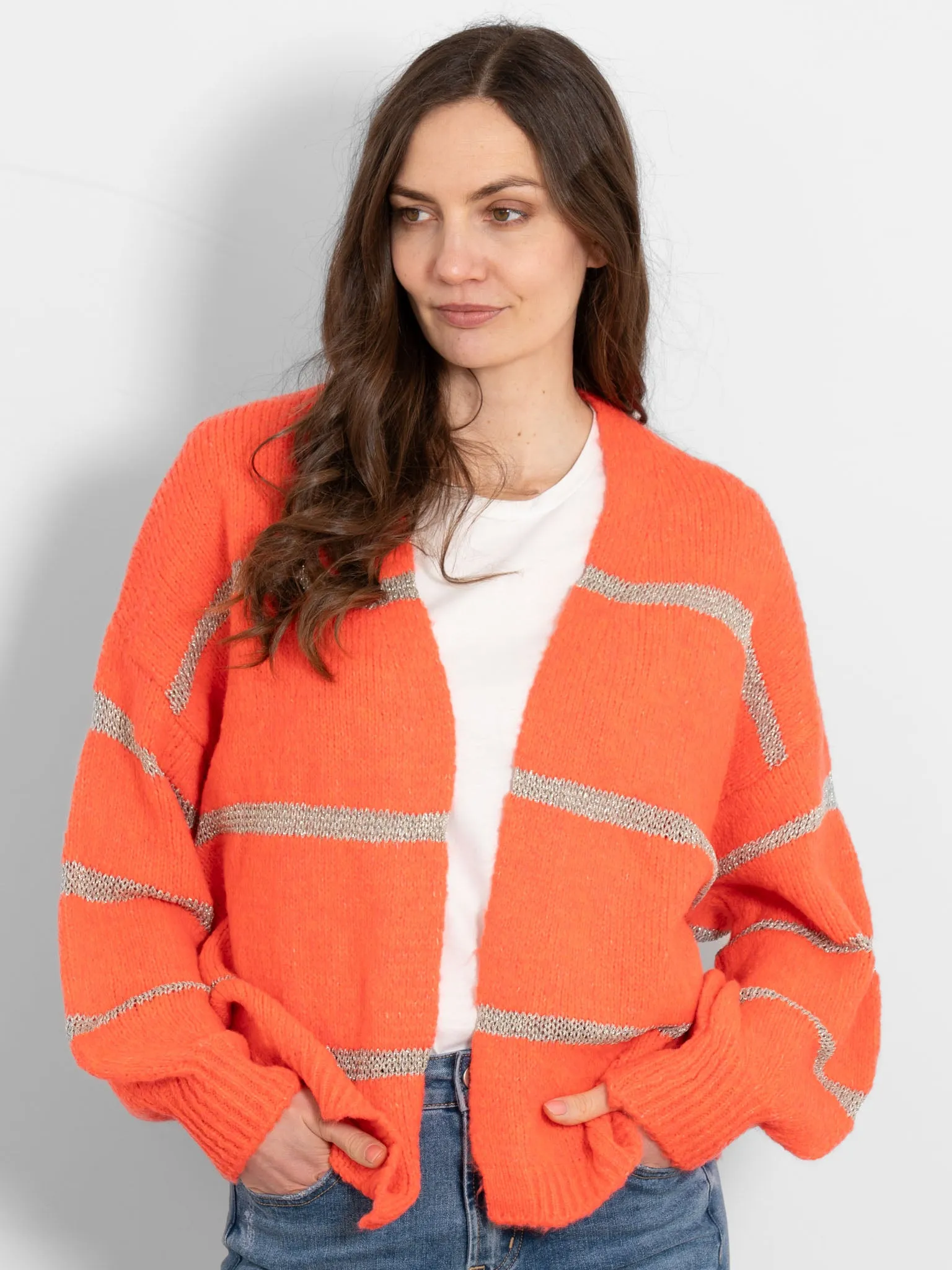 Lucy Wool Blend Cardigan - Coral, Gold/Striped