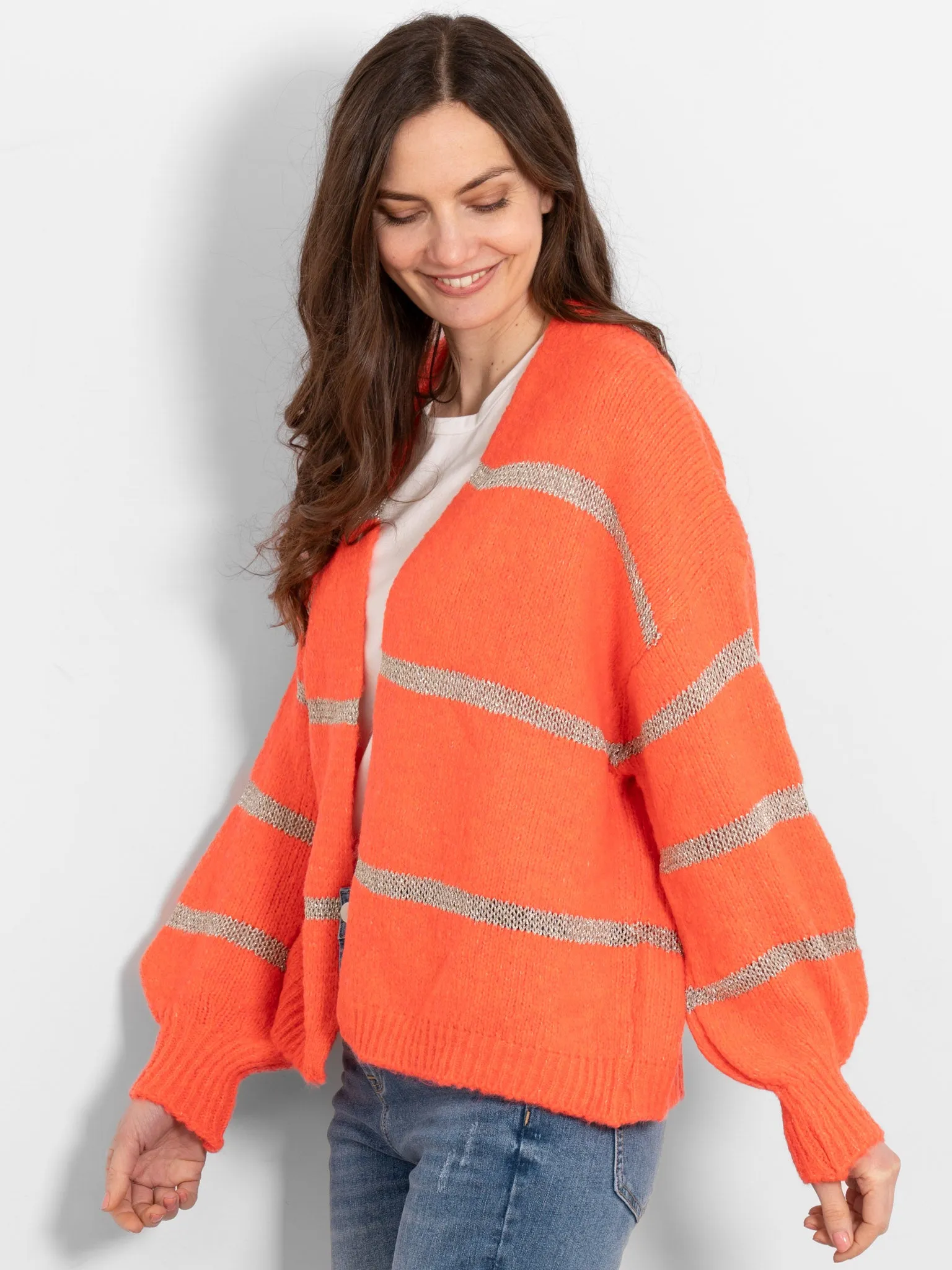 Lucy Wool Blend Cardigan - Coral, Gold/Striped
