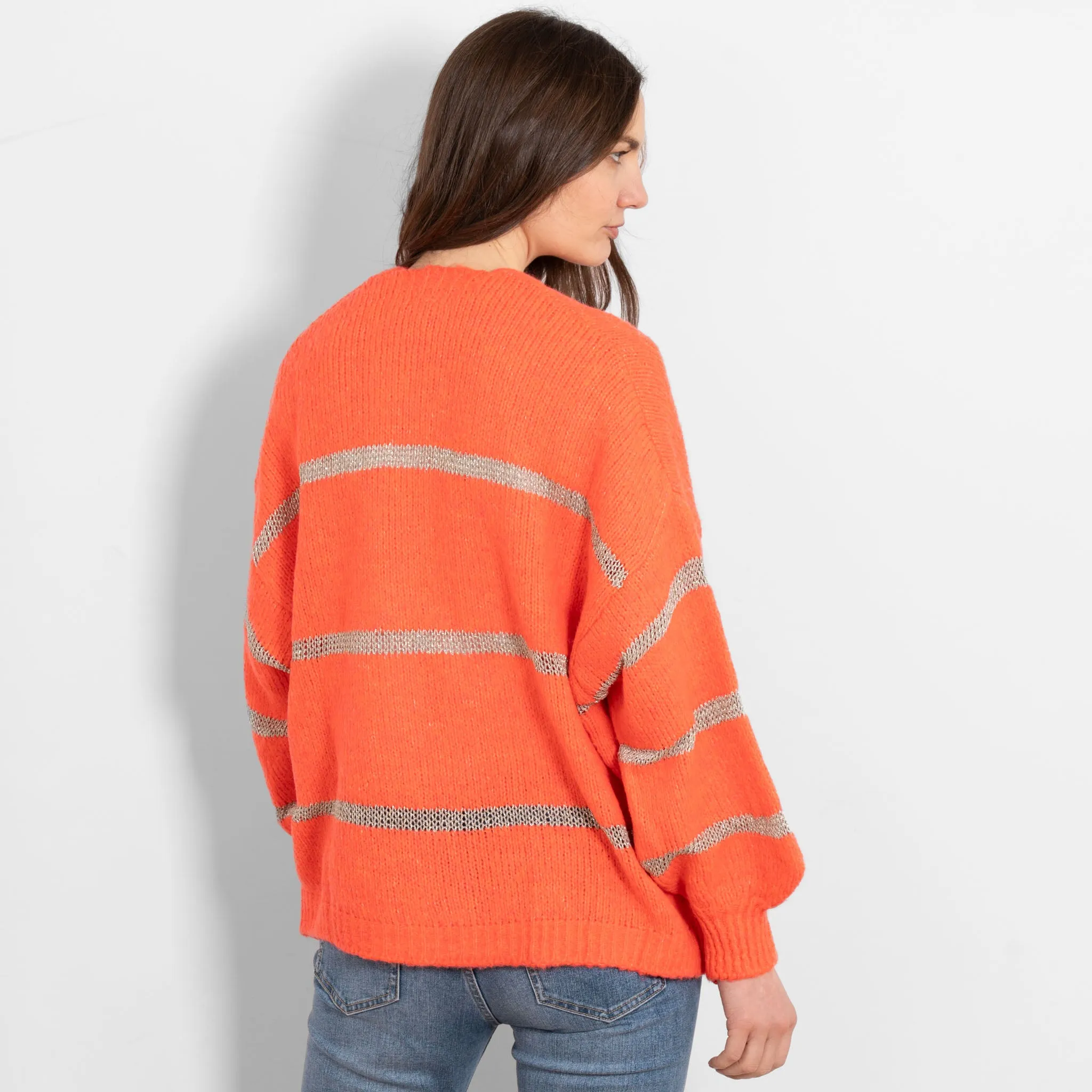 Lucy Wool Blend Cardigan - Coral, Gold/Striped