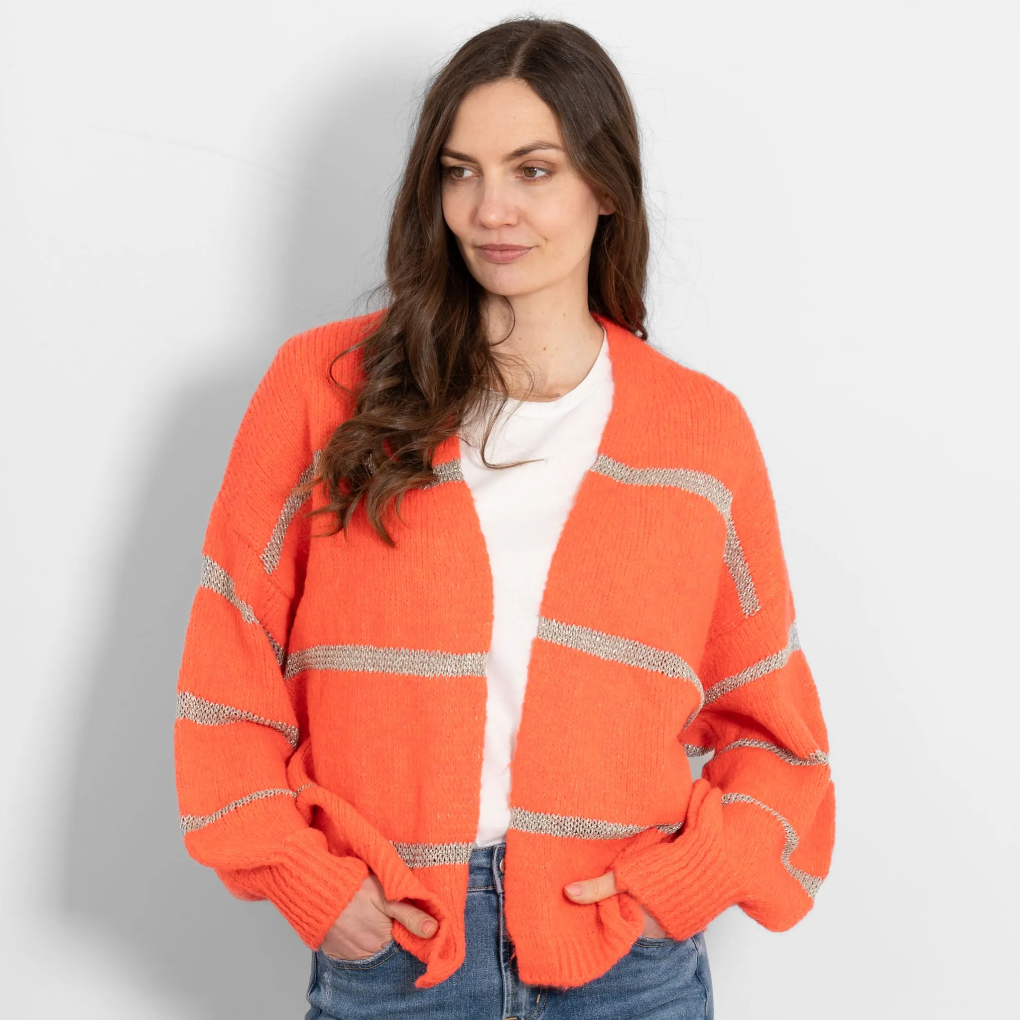 Lucy Wool Blend Cardigan - Coral, Gold/Striped