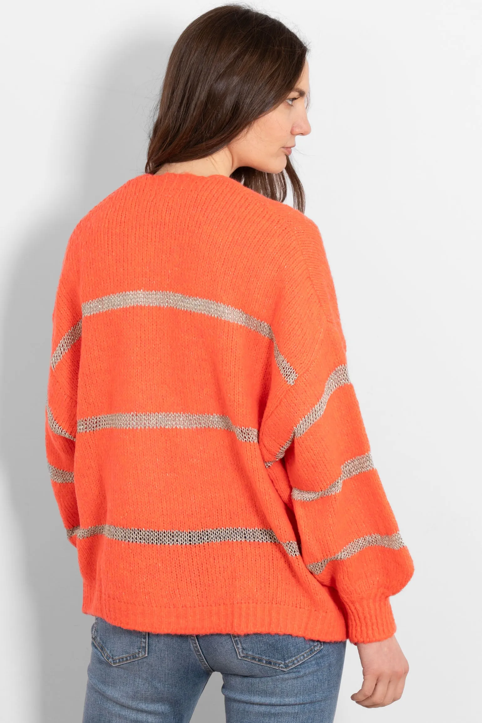 Lucy Wool Blend Cardigan - Coral, Gold/Striped