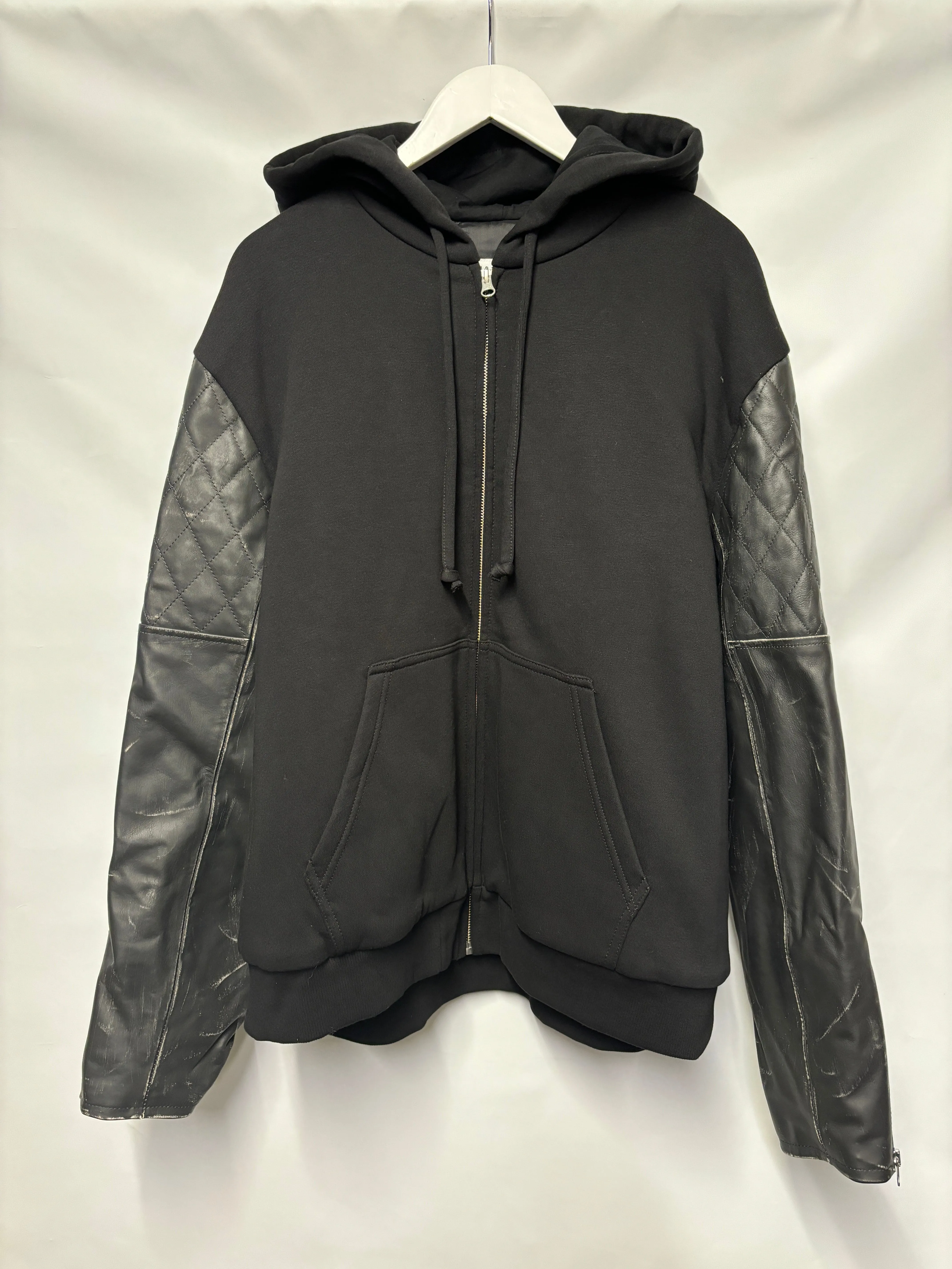 MM6 Maison Margiela Black Padded Hooded Jacket with Leather Sleeves Large
