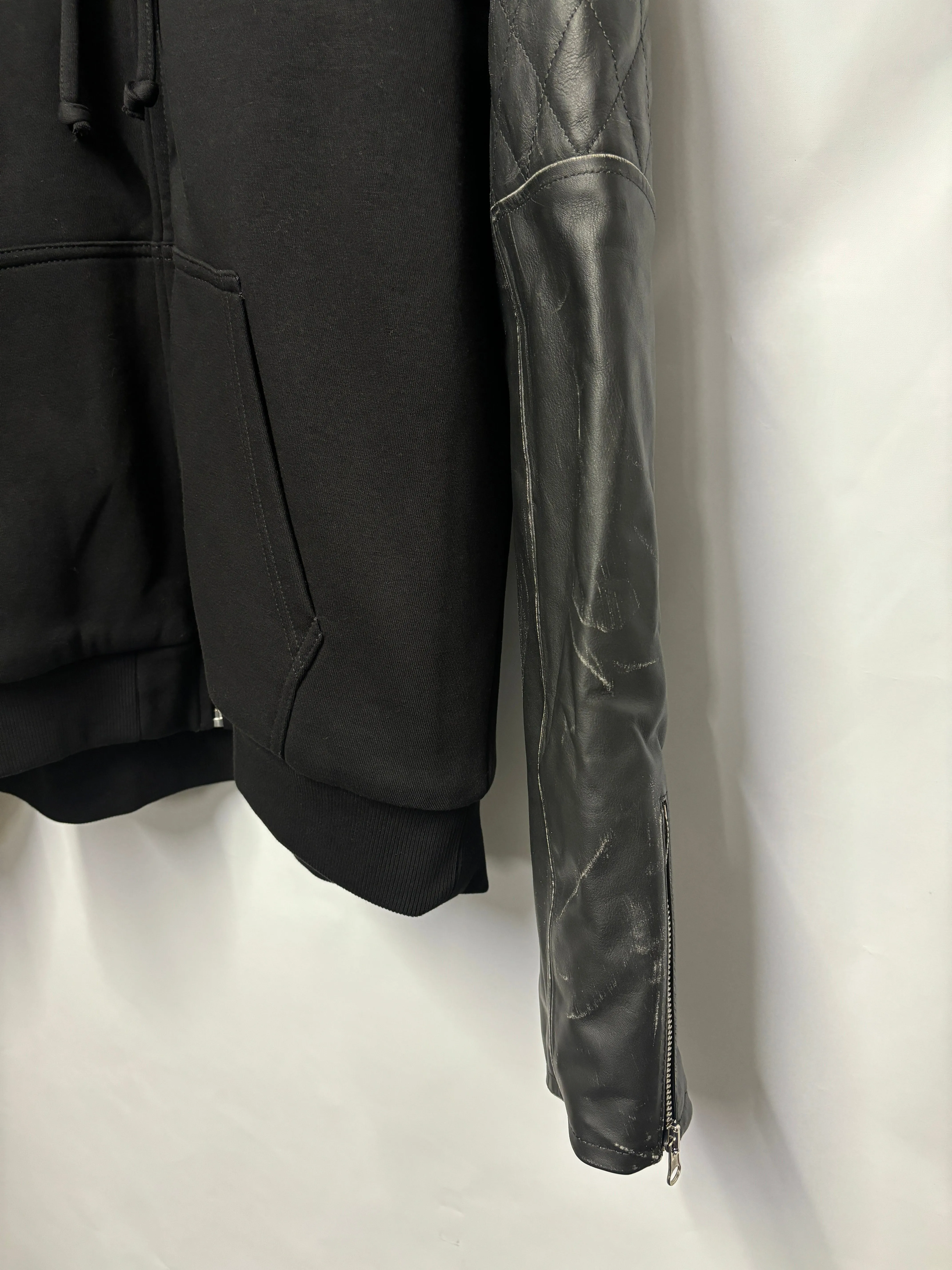 MM6 Maison Margiela Black Padded Hooded Jacket with Leather Sleeves Large
