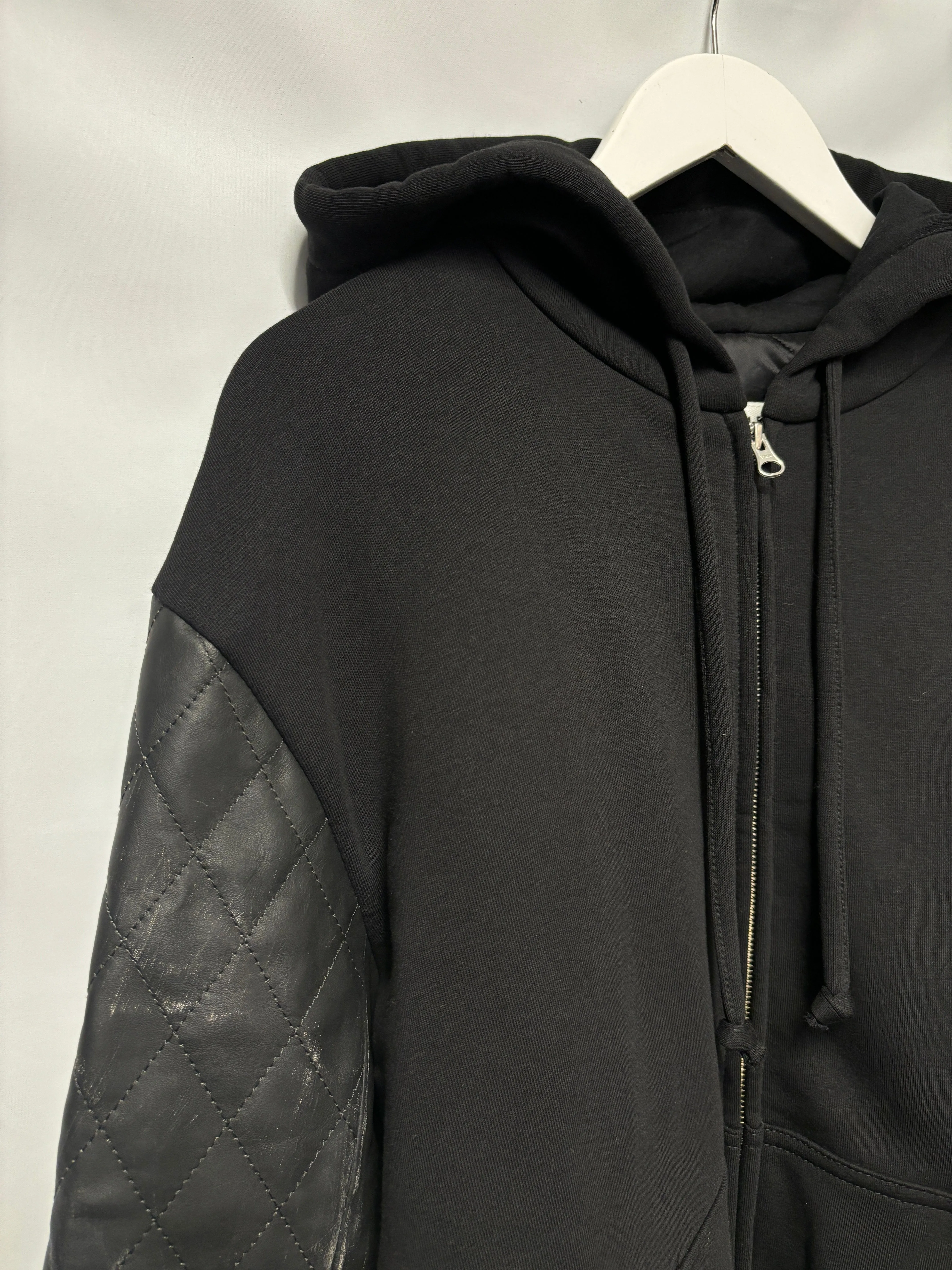 MM6 Maison Margiela Black Padded Hooded Jacket with Leather Sleeves Large