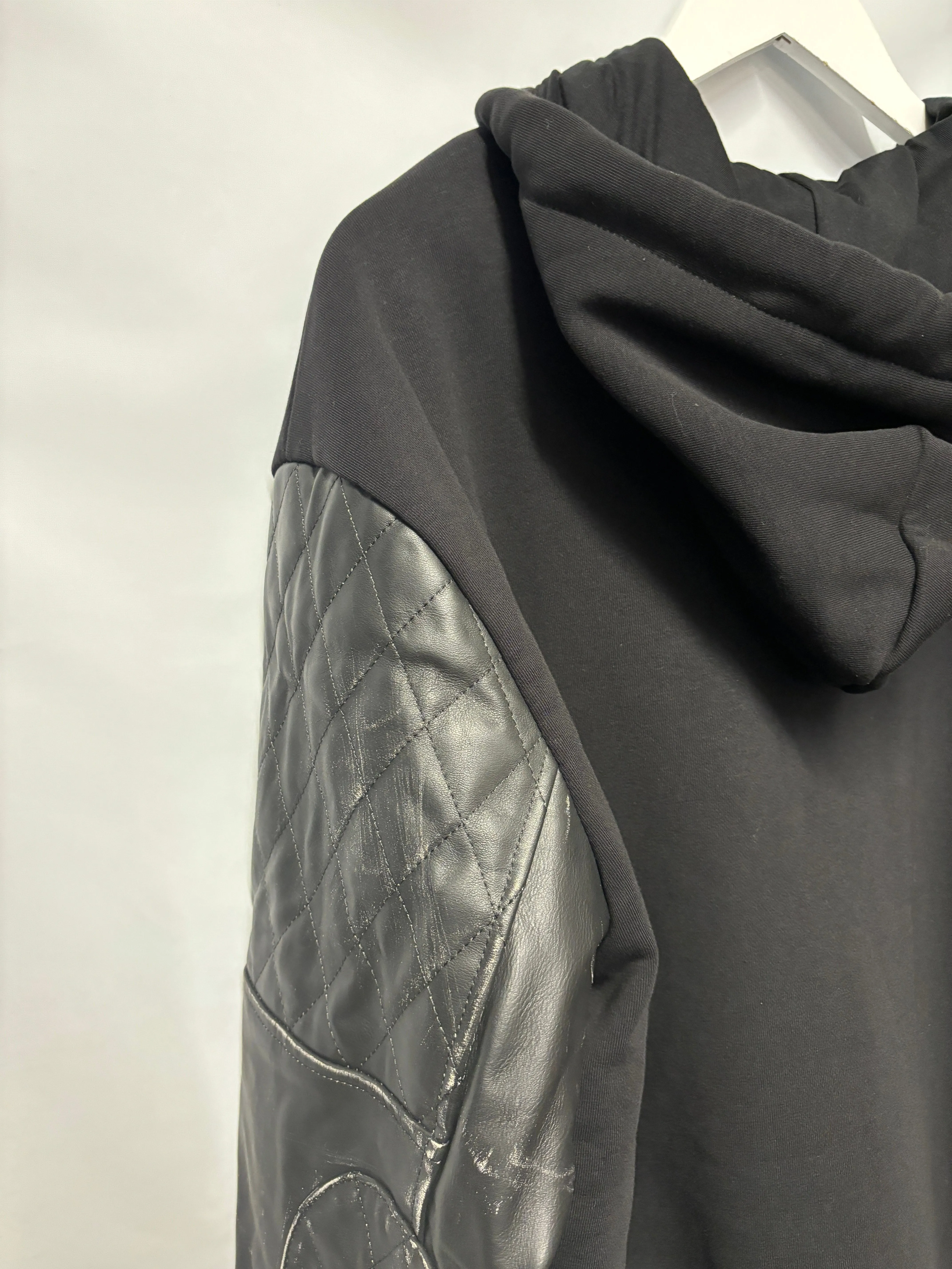 MM6 Maison Margiela Black Padded Hooded Jacket with Leather Sleeves Large