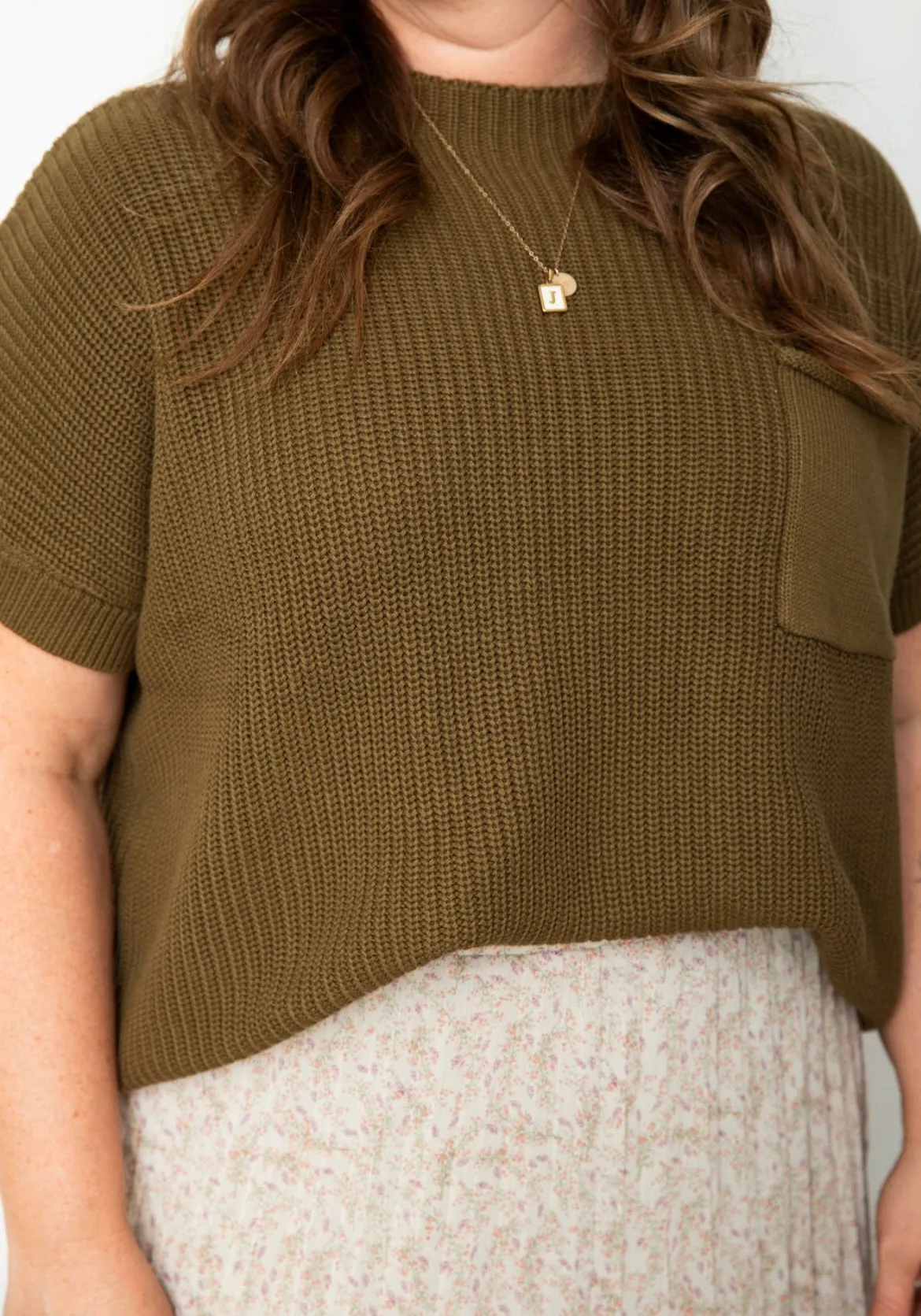 Short Sleeve Sweater Top - Olive