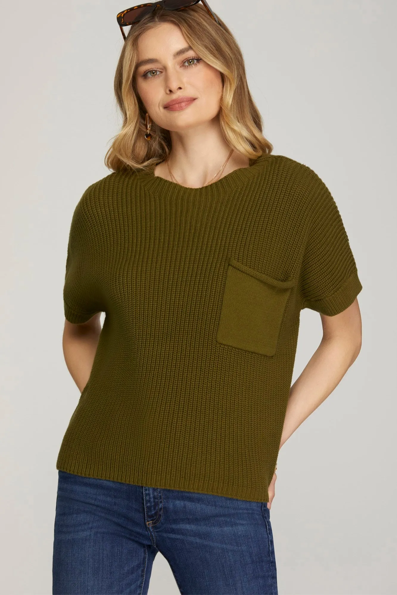 Short Sleeve Sweater Top - Olive