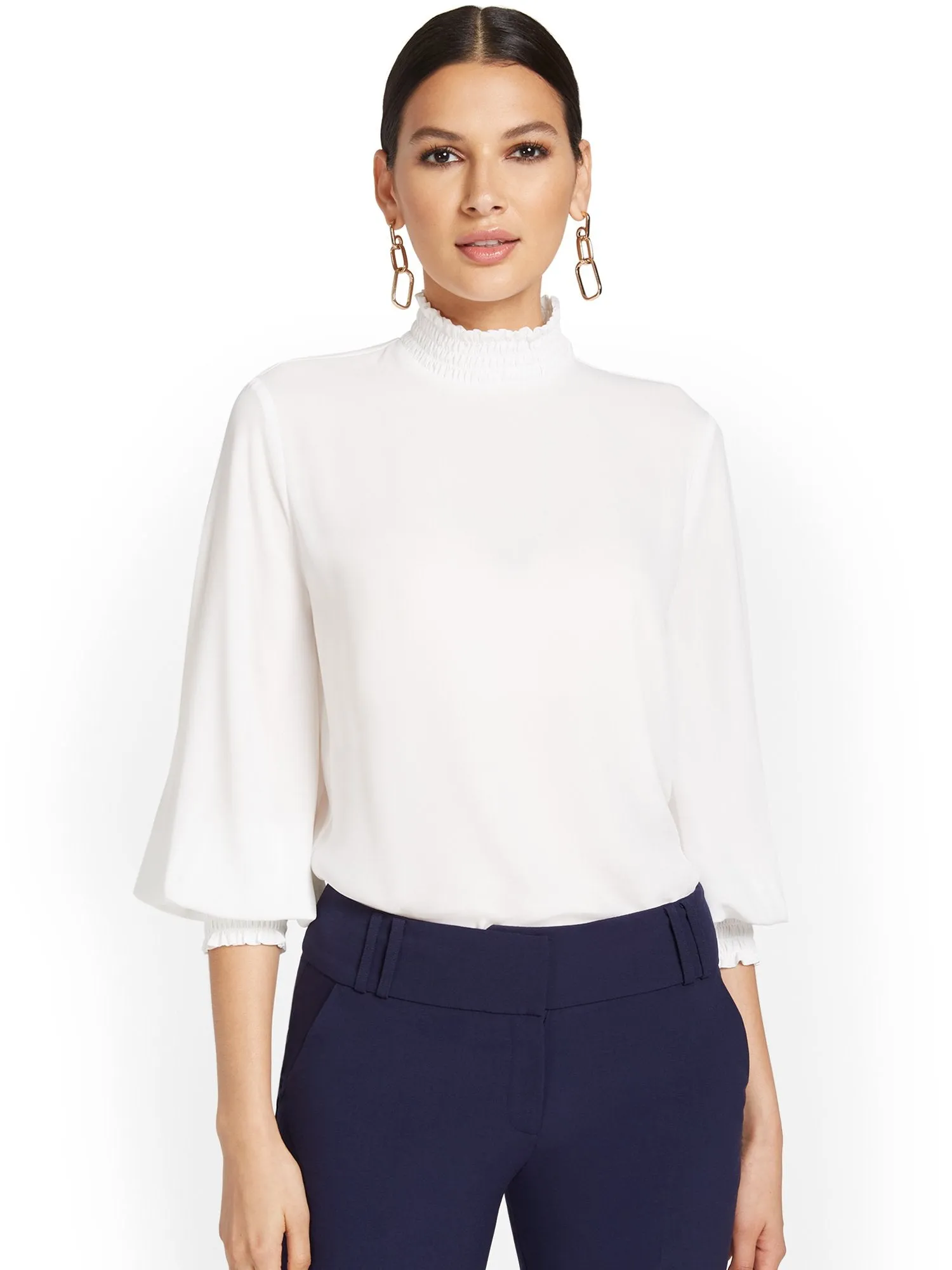 Smocked Mock-Neck Blouse