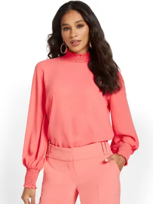 Smocked Mock-Neck Blouse