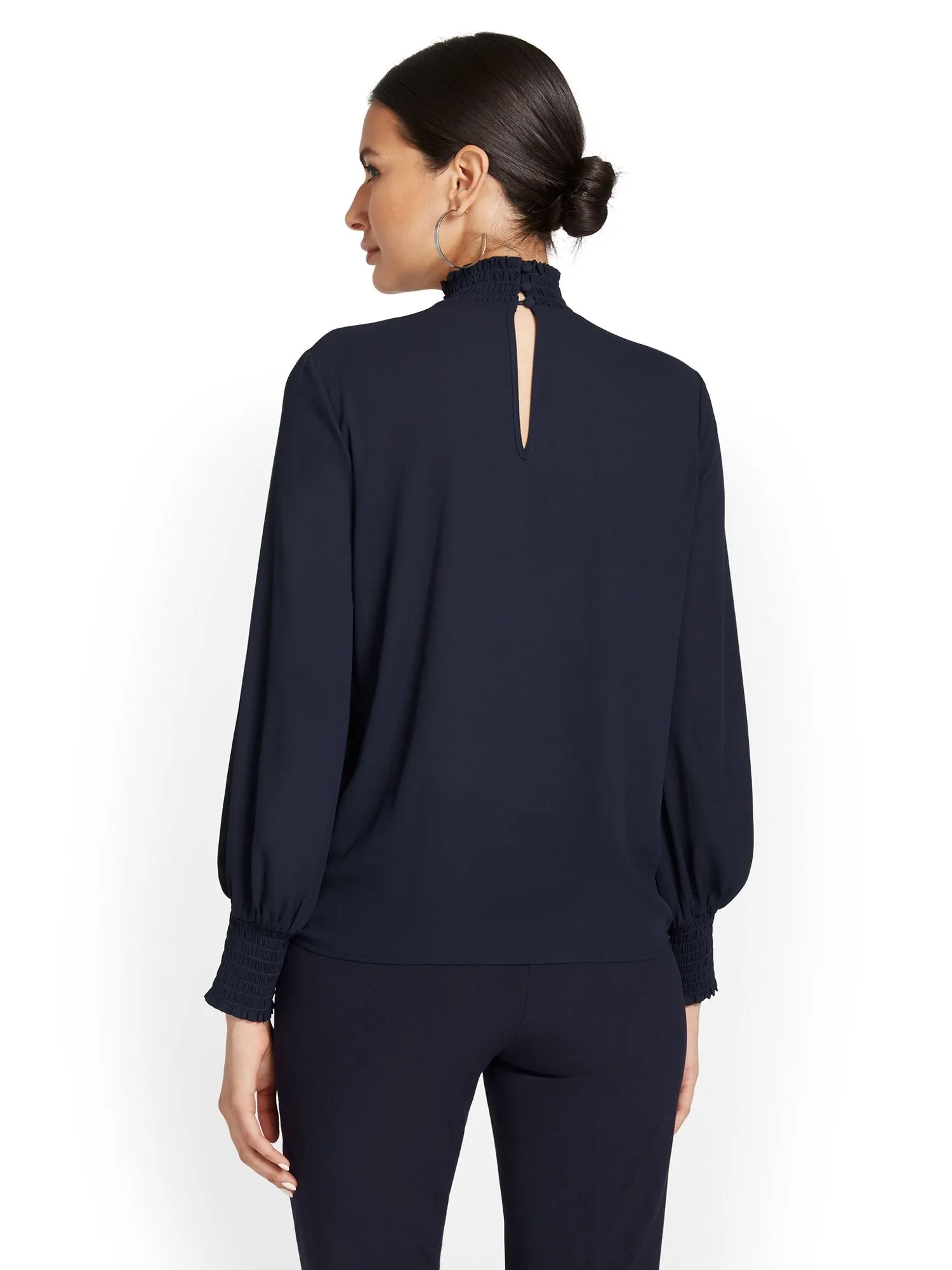 Smocked Mock-Neck Blouse