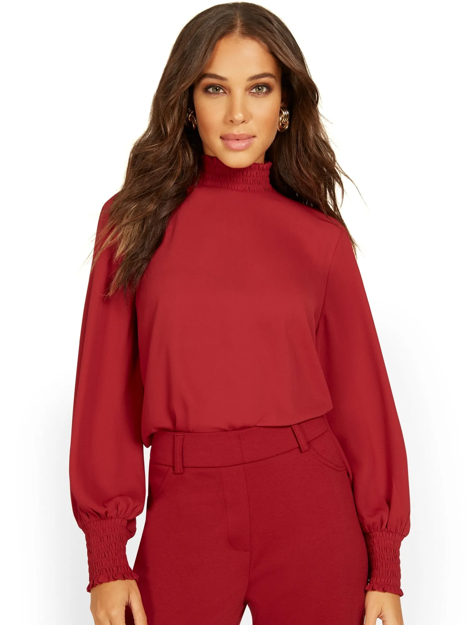 Smocked Mock-Neck Blouse