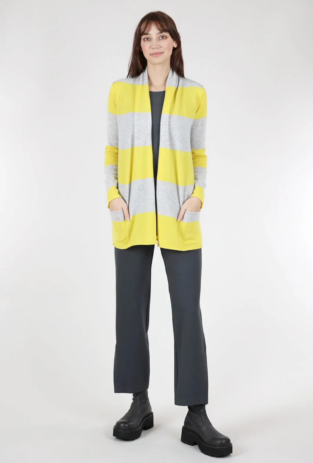 Striped Cashmere Open Cardie, Sunshine/Gray