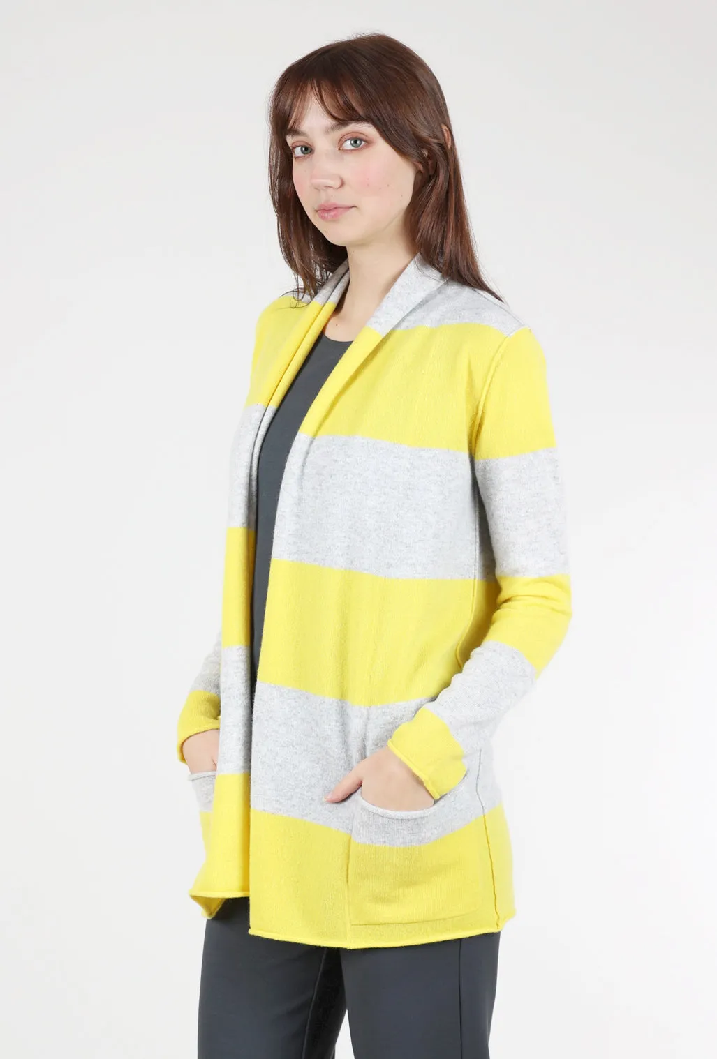 Striped Cashmere Open Cardie, Sunshine/Gray