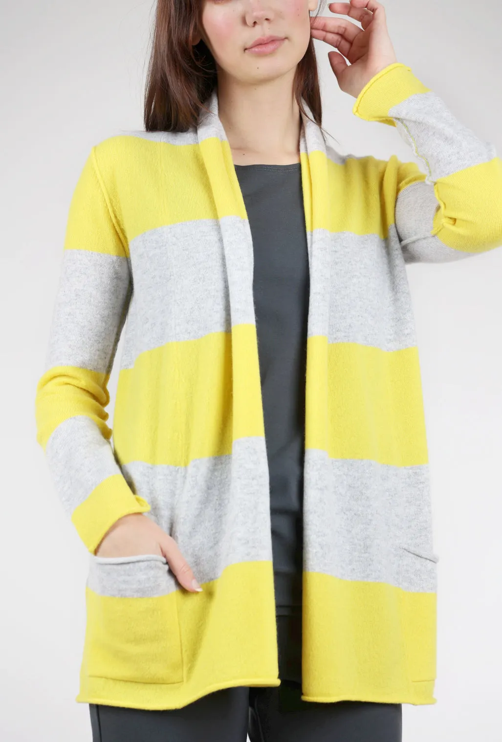 Striped Cashmere Open Cardie, Sunshine/Gray