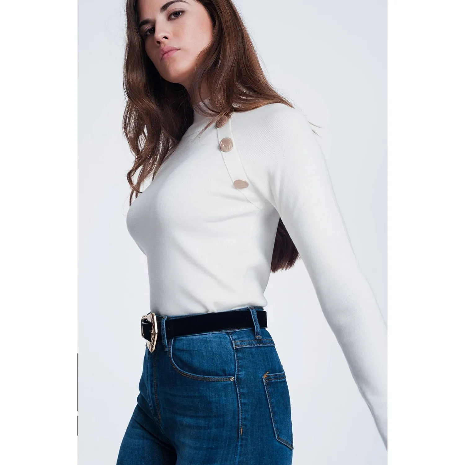 Sweatshirt With Button Detail in Cream