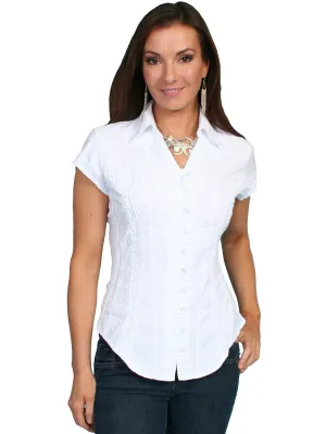 Women's Cantina Collection Top: Cap Sleeve with Floral Soutache, White