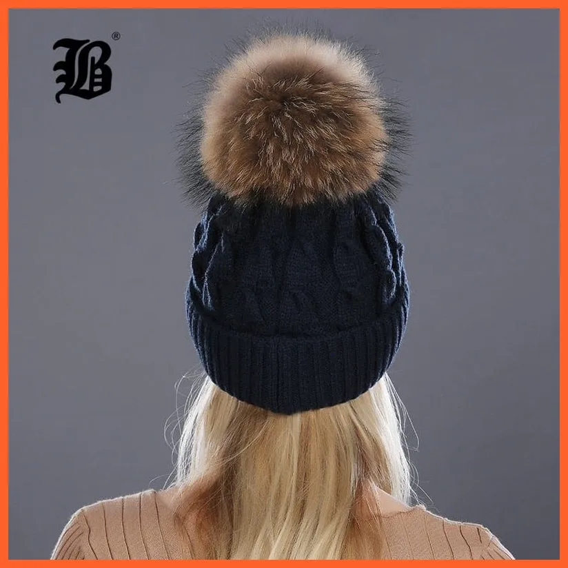 Women'S Winter Hat Knitted Wool Hats | Girls Winter Real Mink Fur Pom Poms Beanies Brand New Thick Female Caps