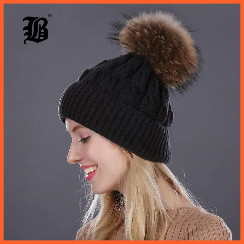 Women'S Winter Hat Knitted Wool Hats | Girls Winter Real Mink Fur Pom Poms Beanies Brand New Thick Female Caps