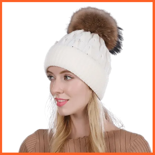 Women'S Winter Hat Knitted Wool Hats | Girls Winter Real Mink Fur Pom Poms Beanies Brand New Thick Female Caps