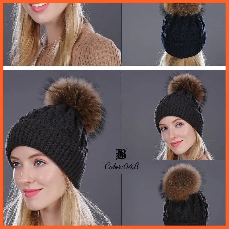 Women'S Winter Hat Knitted Wool Hats | Girls Winter Real Mink Fur Pom Poms Beanies Brand New Thick Female Caps