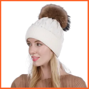 Women'S Winter Hat Knitted Wool Hats | Girls Winter Real Mink Fur Pom Poms Beanies Brand New Thick Female Caps