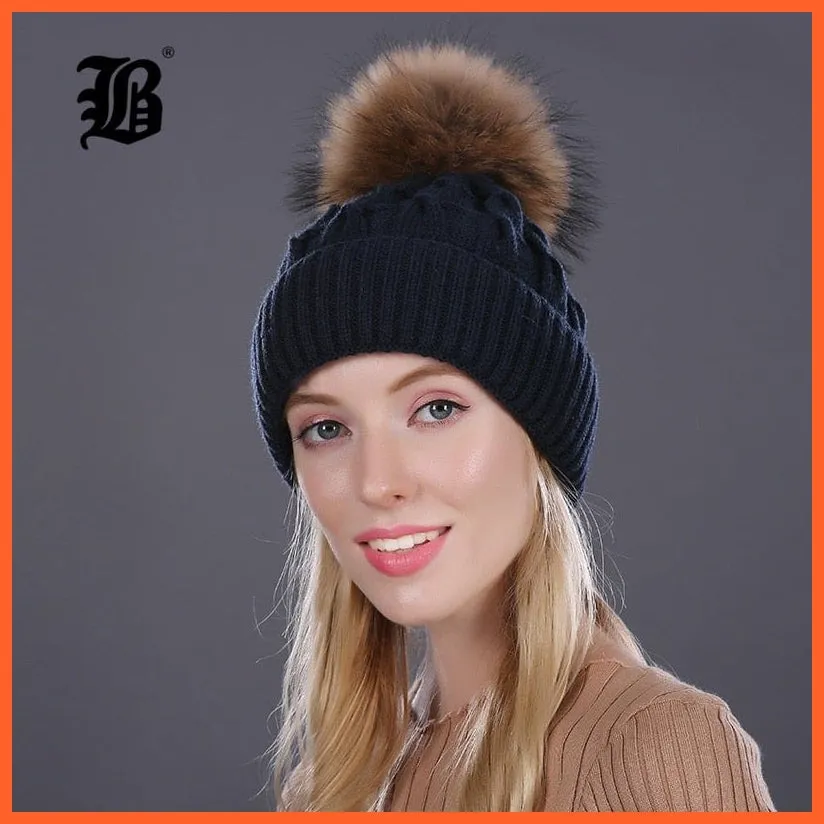 Women'S Winter Hat Knitted Wool Hats | Girls Winter Real Mink Fur Pom Poms Beanies Brand New Thick Female Caps