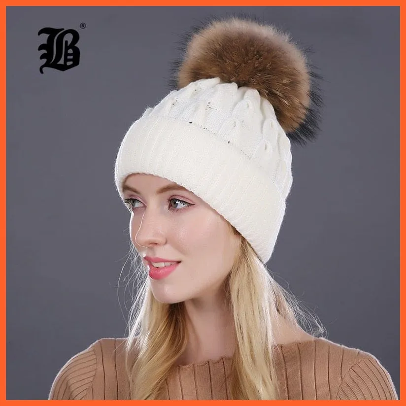 Women'S Winter Hat Knitted Wool Hats | Girls Winter Real Mink Fur Pom Poms Beanies Brand New Thick Female Caps
