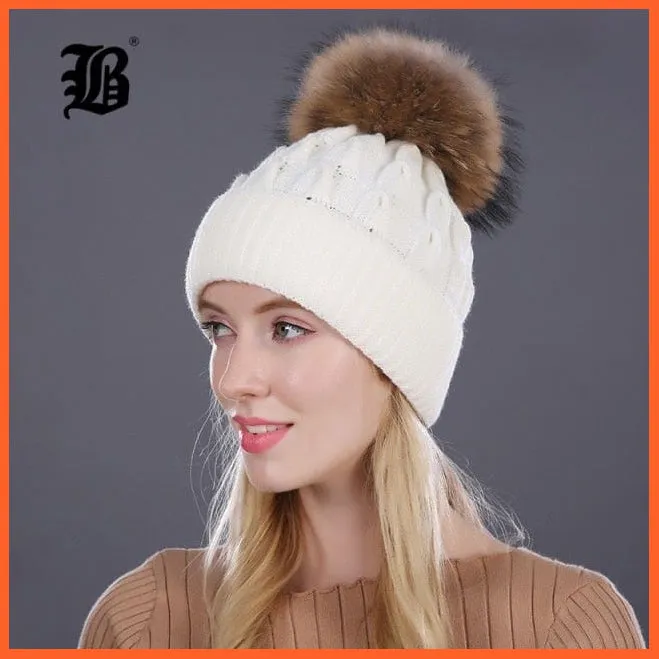 Women'S Winter Hat Knitted Wool Hats | Girls Winter Real Mink Fur Pom Poms Beanies Brand New Thick Female Caps