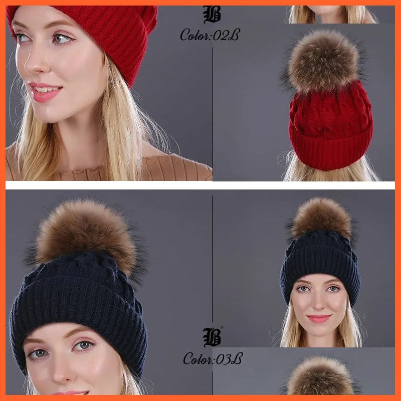 Women'S Winter Hat Knitted Wool Hats | Girls Winter Real Mink Fur Pom Poms Beanies Brand New Thick Female Caps
