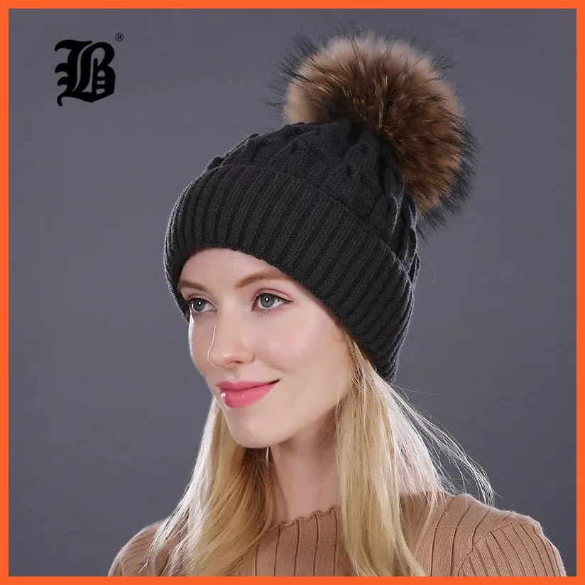 Women'S Winter Hat Knitted Wool Hats | Girls Winter Real Mink Fur Pom Poms Beanies Brand New Thick Female Caps