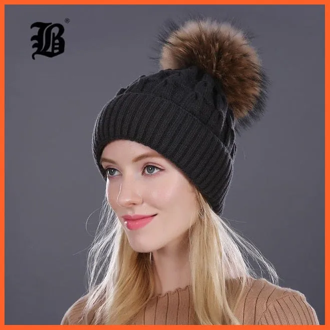 Women'S Winter Hat Knitted Wool Hats | Girls Winter Real Mink Fur Pom Poms Beanies Brand New Thick Female Caps