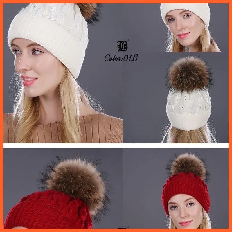 Women'S Winter Hat Knitted Wool Hats | Girls Winter Real Mink Fur Pom Poms Beanies Brand New Thick Female Caps