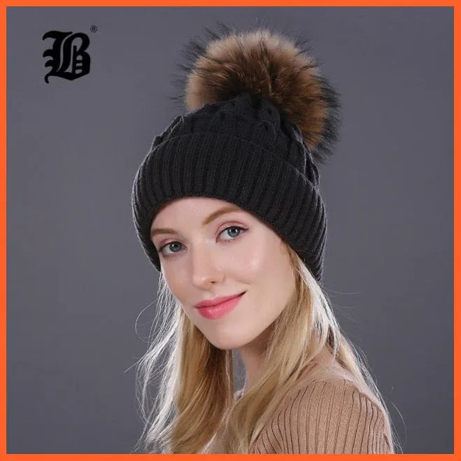 Women'S Winter Hat Knitted Wool Hats | Girls Winter Real Mink Fur Pom Poms Beanies Brand New Thick Female Caps