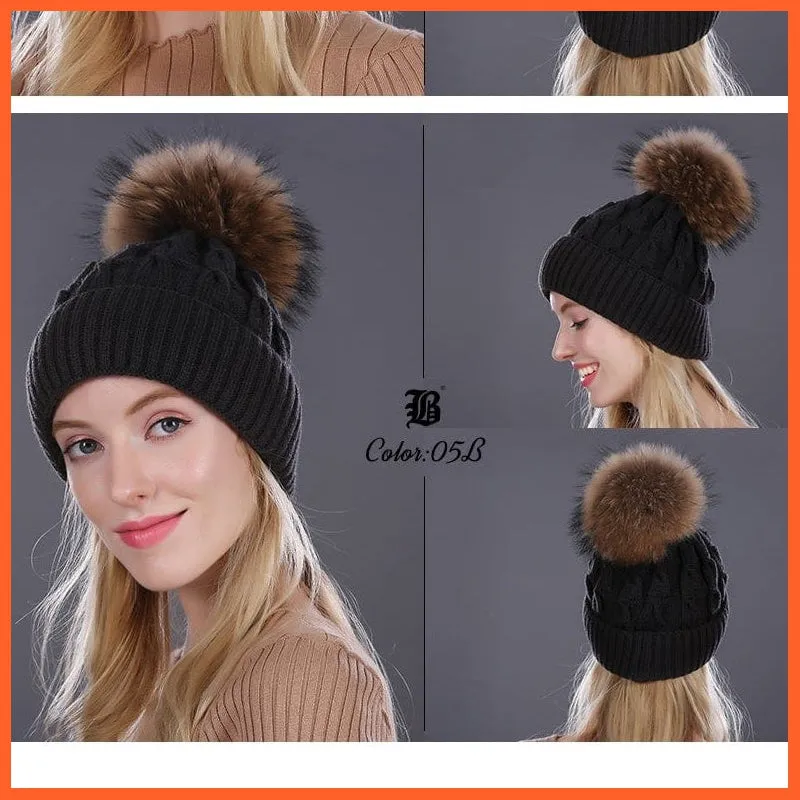 Women'S Winter Hat Knitted Wool Hats | Girls Winter Real Mink Fur Pom Poms Beanies Brand New Thick Female Caps