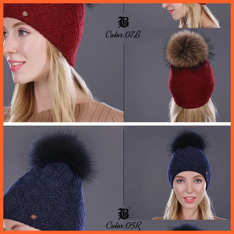 Women'S Winter Pompom Fur Silk Hats |  Beanies Female Decor Hat Wool Knitted Warm Caps Skullies Beanies